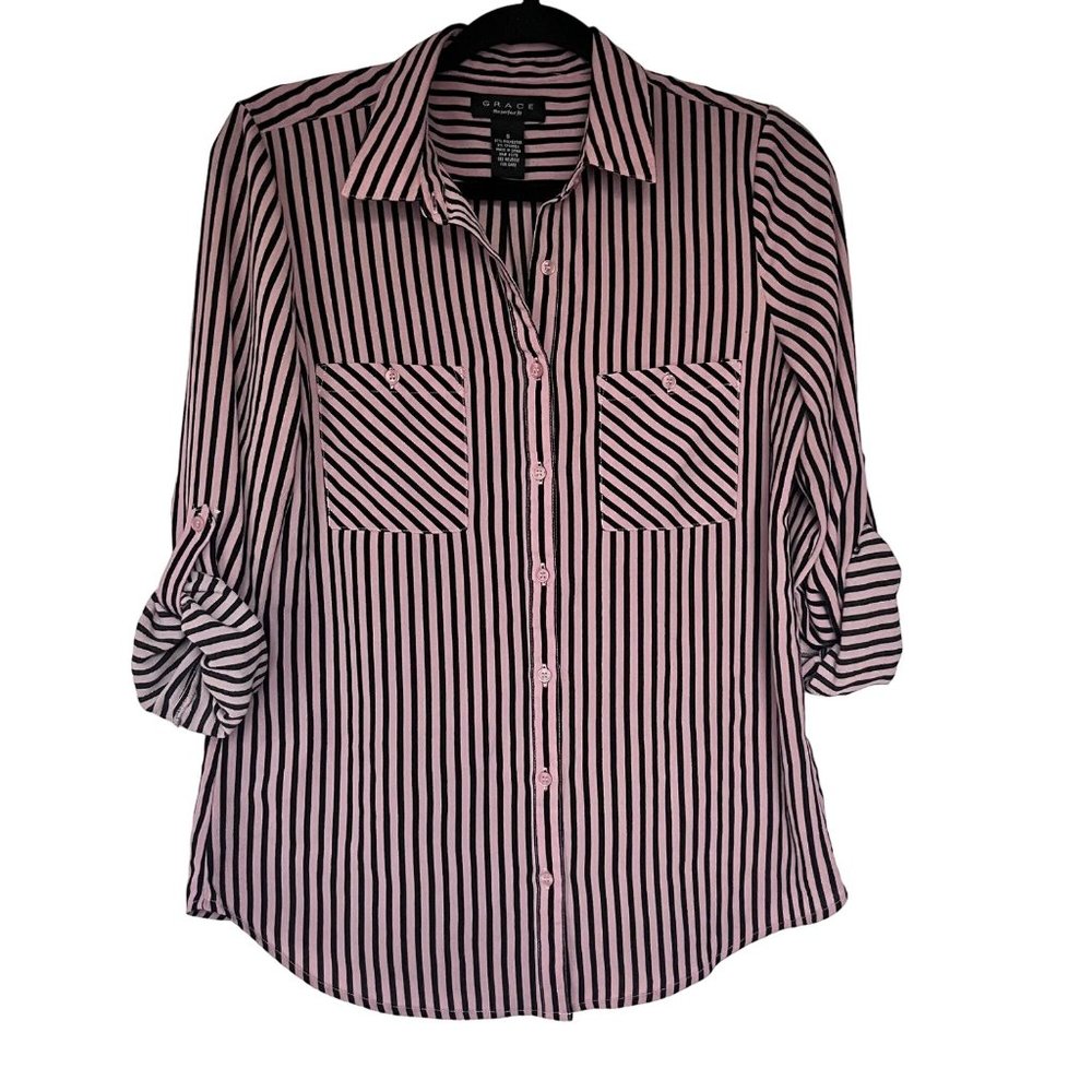 Grace The Perfect Fit Long Rollover‎ Sleeve Black Pink Striped  Blouse Size S